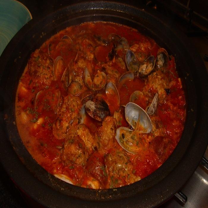 Spanish meatballs with clams, chorizo & squid recipe
