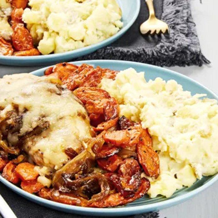 French Onion Chicken with Roasted Carrots & Mashed Potatoes recipe