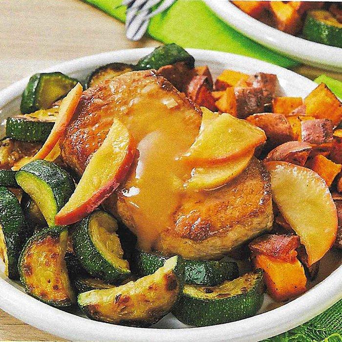 Skillet Apple Pork Chops with Roasted Sweet Potatoes & Zucchini recipe