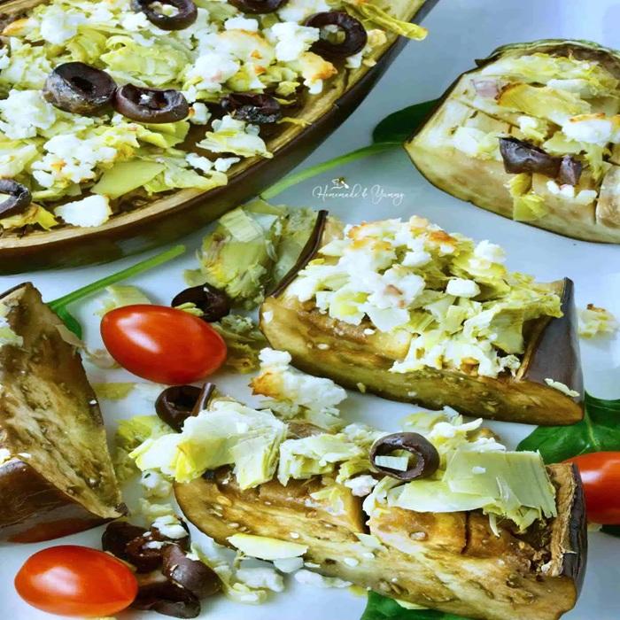 Roast aubergine with goat's cheese & toasted flatbread recipe