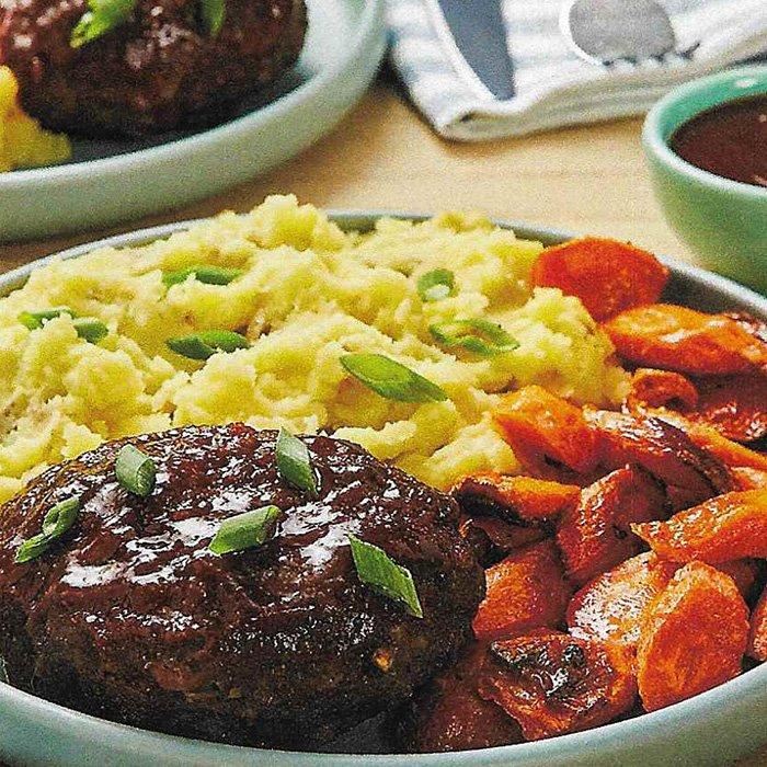Soy-Glazed Meatloaves with Wasabi Mashed Potatoes & Roasted Carrots recipe
