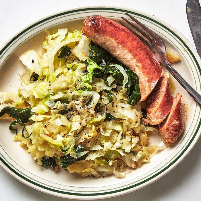 Crispy Sausages and Greens recipe