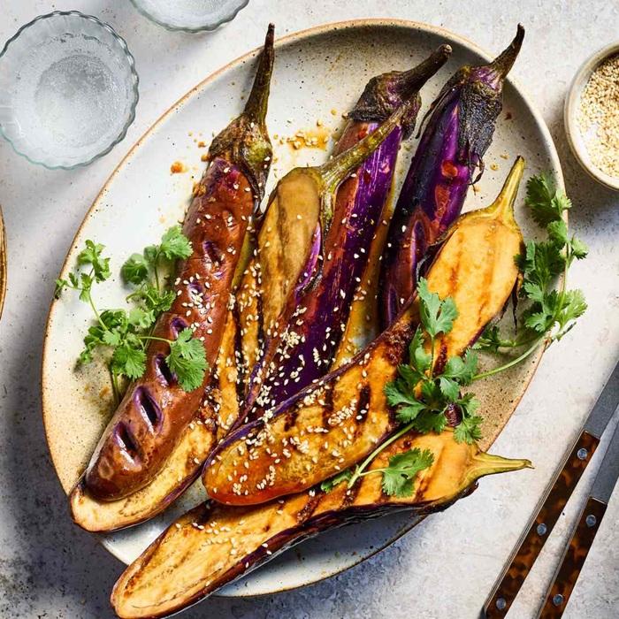 Griddled aubergines with sesame dressing recipe