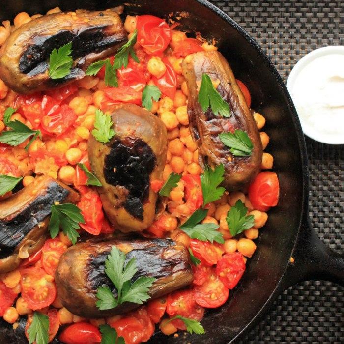 Stovetop Eggplant With Harissa, Chickpeas, and Cumin Yogurt recipe