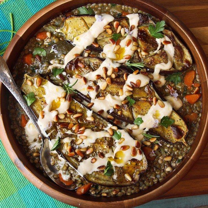 Roasted Eggplant With Tahini, Pine Nuts, and Lentils recipe