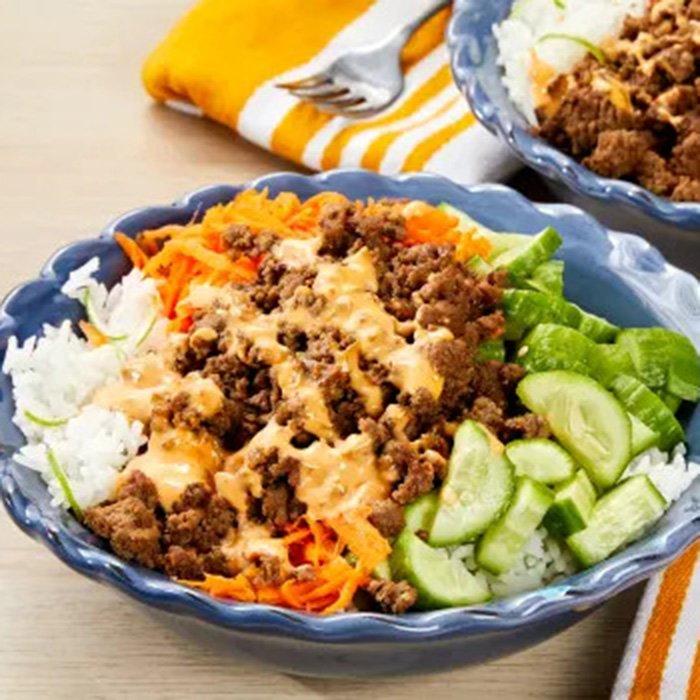 Beef Banh Mi Bowls with Sriracha Mayo, Carrot & Pickled Cucumber recipe